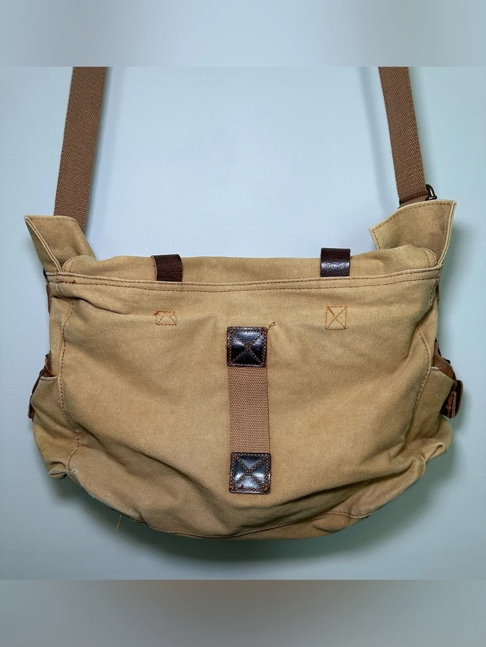 Canvas & Leather Messenger Bag Khaki Brown Crossbody Tab Brown Pockets Zip